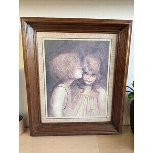 Margaret Keane A Little Kiss Big Eyes Boy Girl Framed MCM Vintage Art